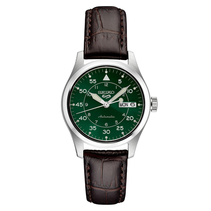 SEIKO Men's Green Dial Dark Brown Leather Band Mechanical Watch - SRPJ89