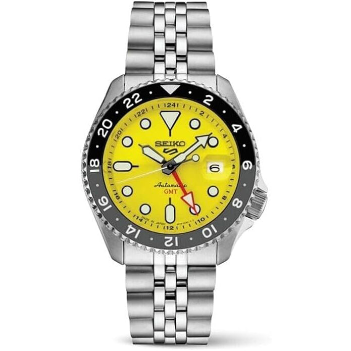 Seiko Men's Yellow Dial Silver Stainless Steel Band Mechanical Watch - SSK017