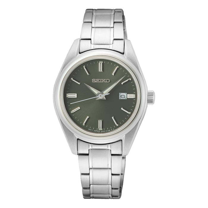 SEIKO Women's Green Dial Silver Stainless Steel Band Classic Analog Quartz Watch - SUR533