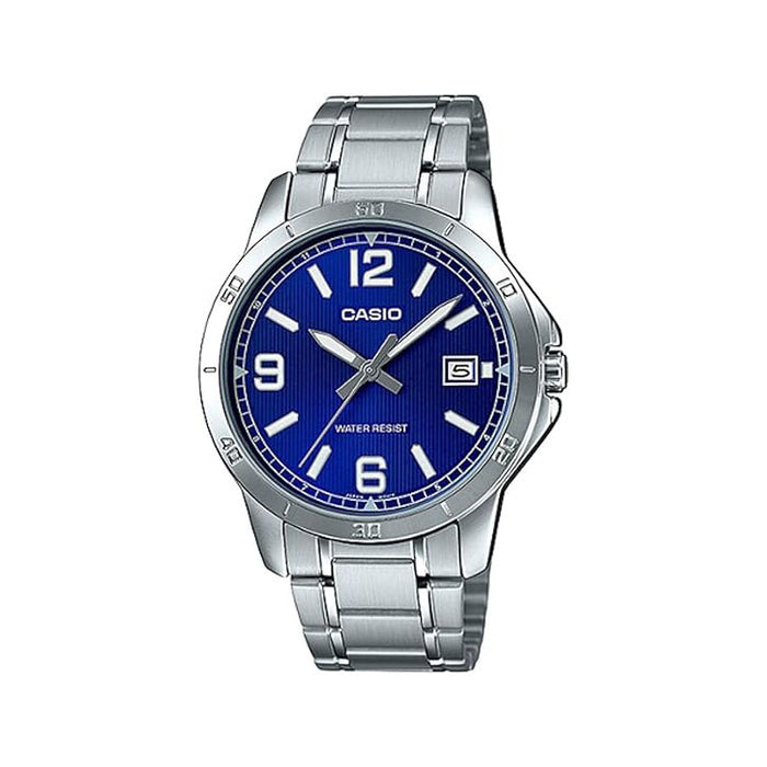 Casio Men's Blue dial Silver Band Analog Quartz Watch - MTP-V004D-2BUDF
