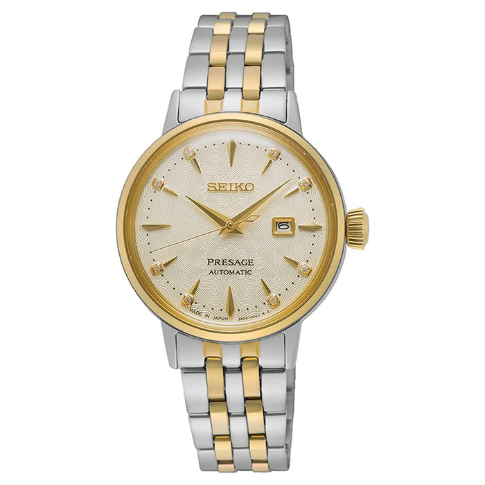 SEIKO Women's Light Gold Dial Two-Tone Stainless Steel Band with Eight Diamond Maker Presage Automatic Quartz Watch - SRE010