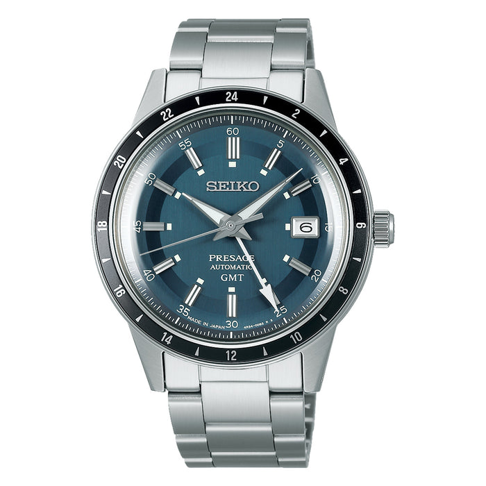 Seiko Men's Blue Dial Silver Stainless Steel Band Presage Automatic GMT Analog Watch - SSK009