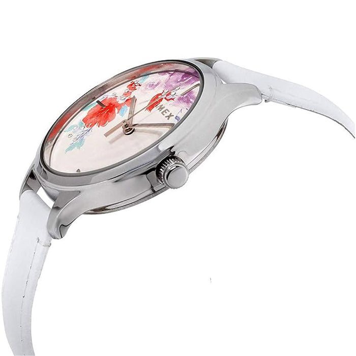 Timex Women's White Floral Dial White Leather Band Quartz Watch - TW2R66800