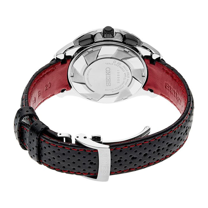 SEIKO Men's Red Dial Black Leather Band Analog Quartz Watch - SSB435