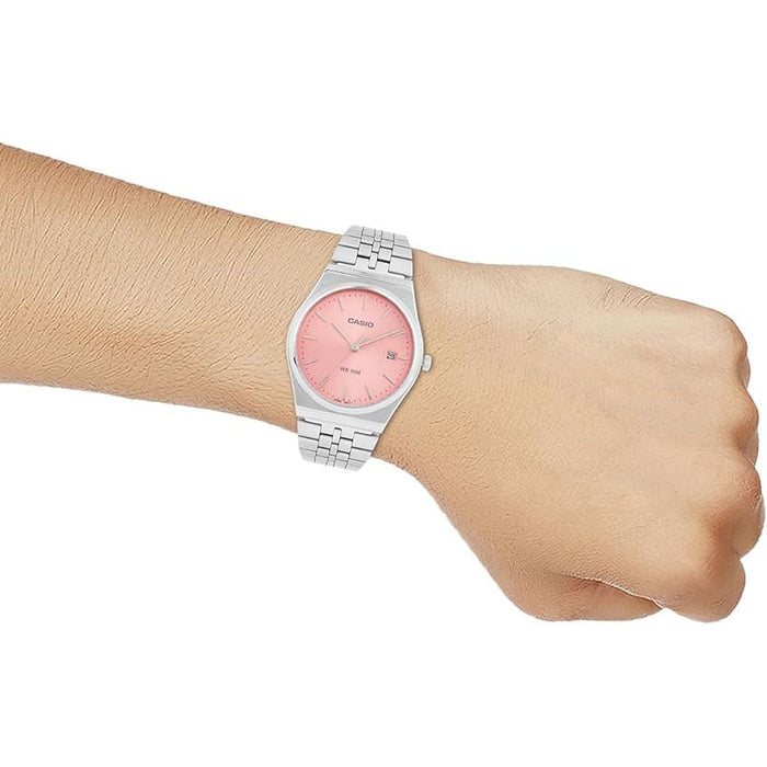 Casio Men's Pink dial Silver Band Analog Quartz Watch - MTP-B145D-4AVDF