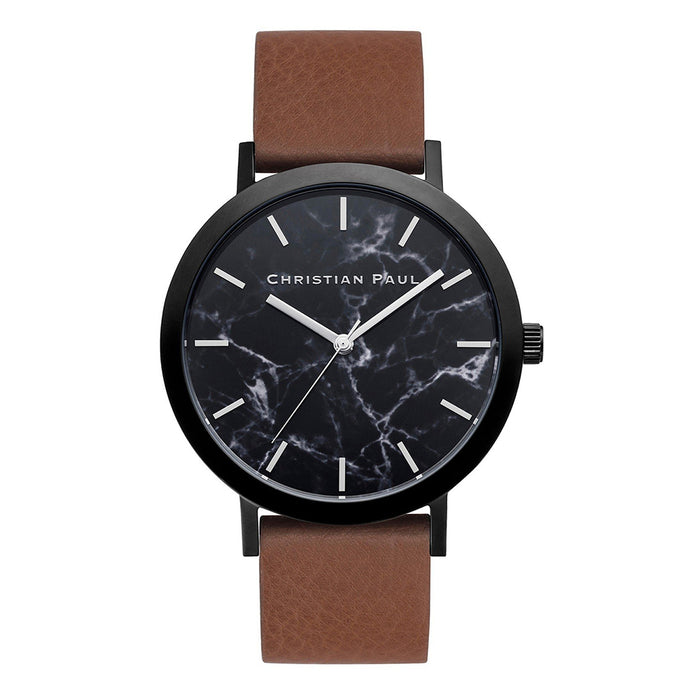 Christian Paul Unisex Marble Stainless Steel Brown Leather Band Black Dial Round Mineral Bridport Watch - MR-02