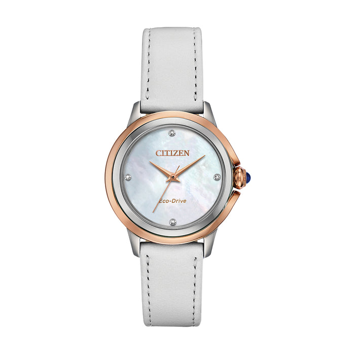 Citizen Ceci Eco-Drive Womens White Leather Band White Mother of Pearl Quartz Dial Watch - EM0796-08Y