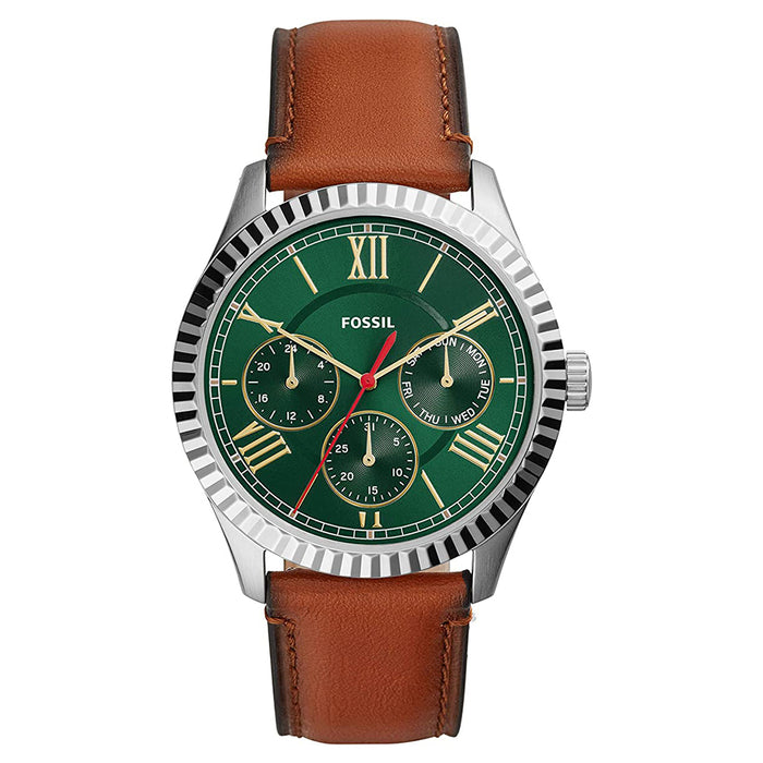 Fossil Men's Green Dial Brown Leather Band Quartz Watch - FS5736