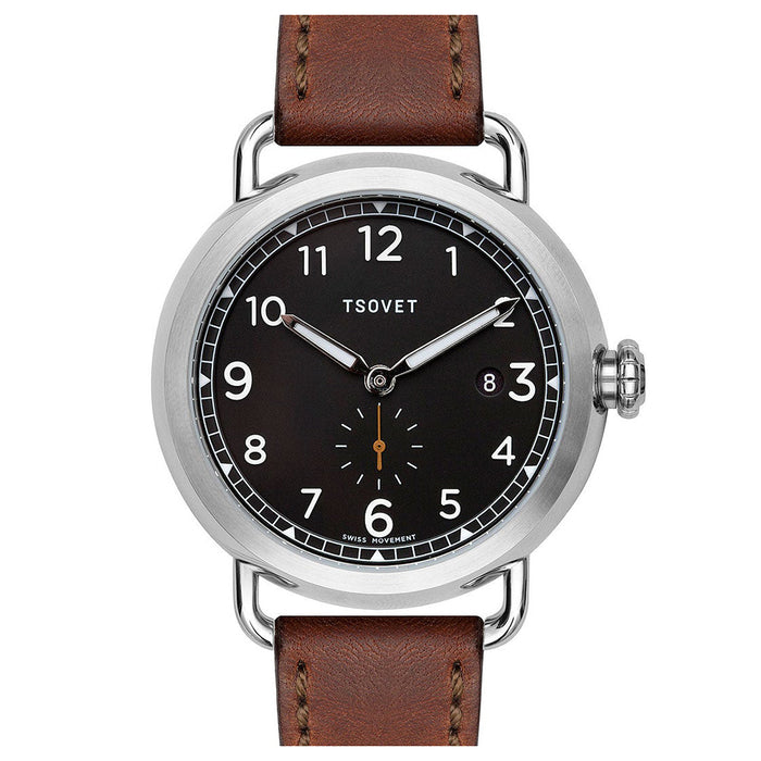 TSOVET Men's Stainless Steel Case Brown Leather Black Dial Silver Watch - CV111012-45