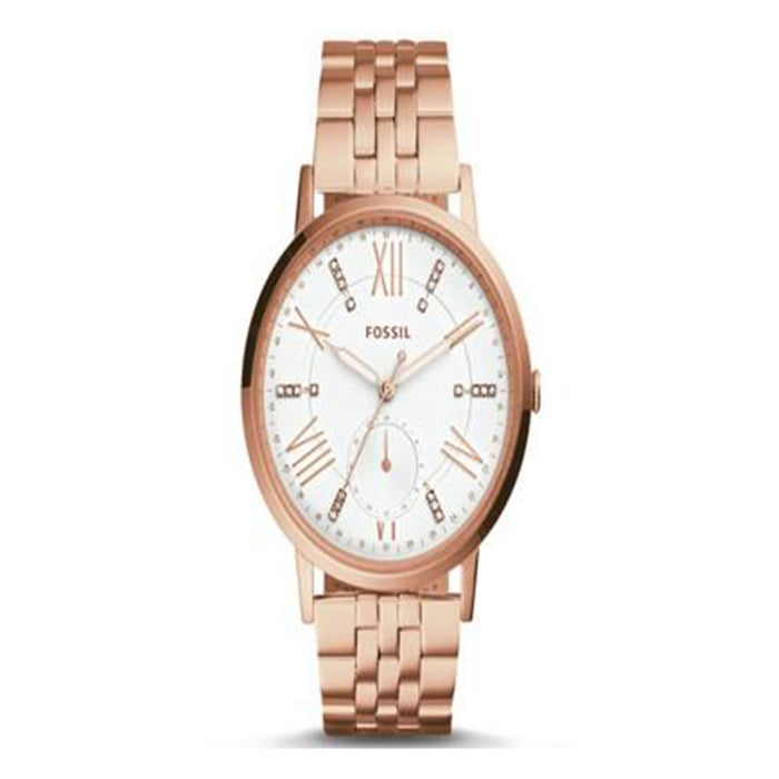 Fossil Gazer Multifunction Mens Rose Gold-Tone Stainless Steel Band Silver Dial Watch - ES4246