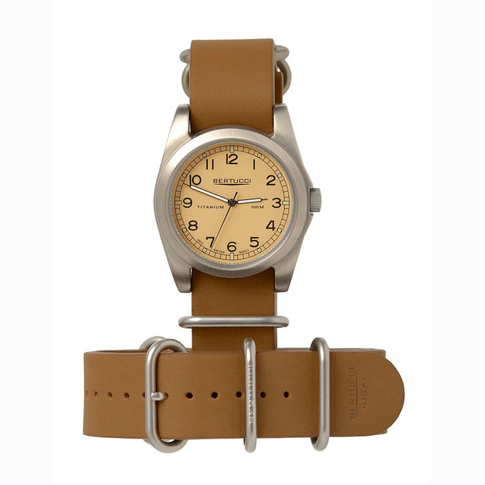Bertucci Heritage Mens E-TYPE G10 Tan Leather Band Titanium khaki Dial Watch - H13321