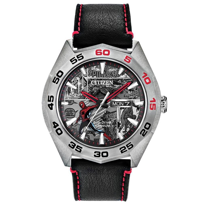 Citizen Spider-Man Mens Black Leather Band Gray/Red Accents Eco-Drive Quartz Dial Watch - AW0061-01W