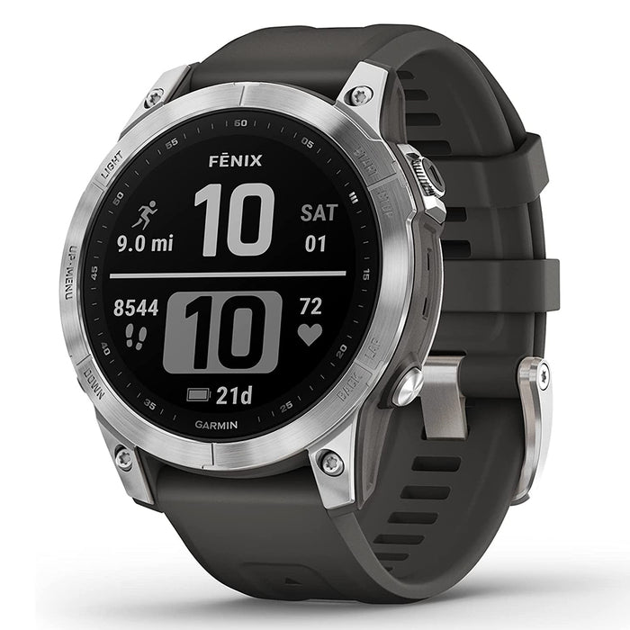 Garmin fenix 7 Standard Edition Silver with Graphite Band Rugged Outdoor GPS Touchscreen Health  Wellness Features Adventure Smartwatch - 010-02540-00