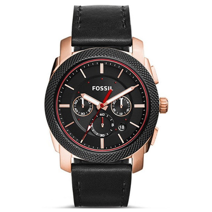 Fossil Mens Machine Chronograph Stainless Steel Case Black Leather Strap Black Dial Rose Gold Watch - FS5120