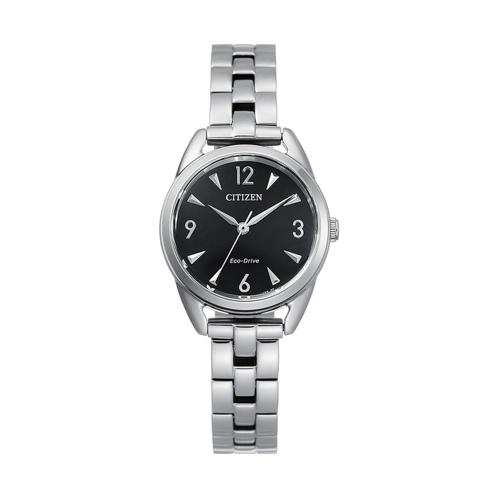 Citizen 11 Casual Eco Drive Women's Silver Stainless Steel Strap Black Quartz Dial Watch - EM0680-70E