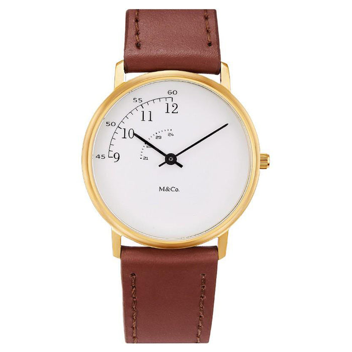 Projects Unisex Stainless Steel Case Brown Leather Strap White Dial Gold Watch - 7408