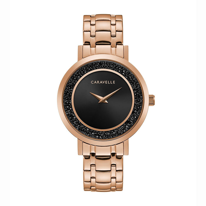 Caravelle Dress Womens Rose Gold Stainless Steel Band Black Quartz Dial Watch - 44L252