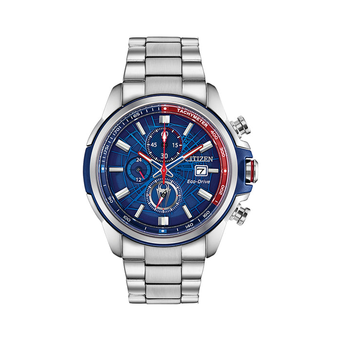 Citizen Eco-Drive Spider-Man Mens Silver Stainless Steel Band Blue Quartz Dial Watch - CA0429-53W