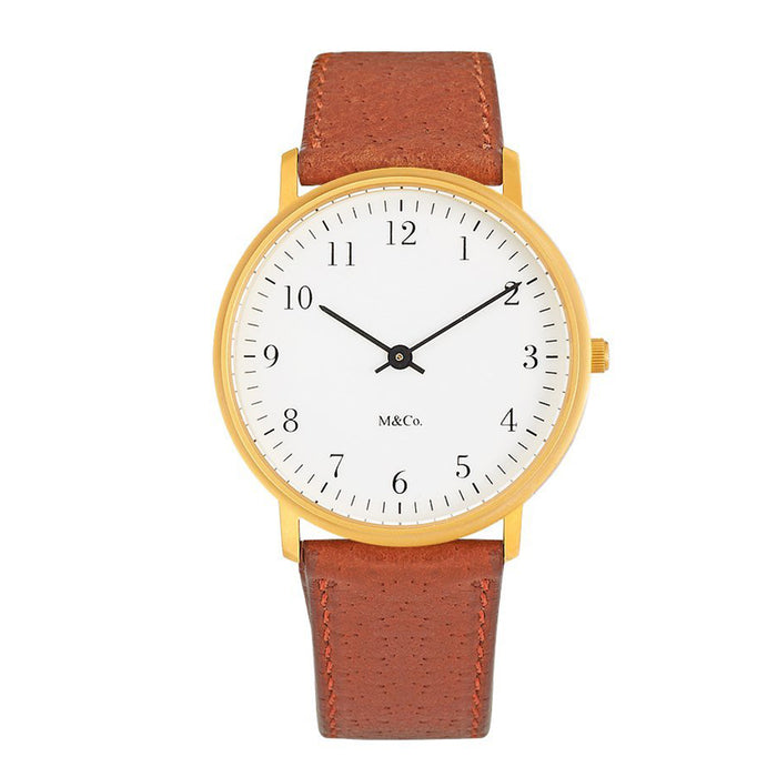 Projects Mens M&Co Bodoni Brass Analog Brass Watch - Brown Leather Strap - White Dial - 7401BR-BR