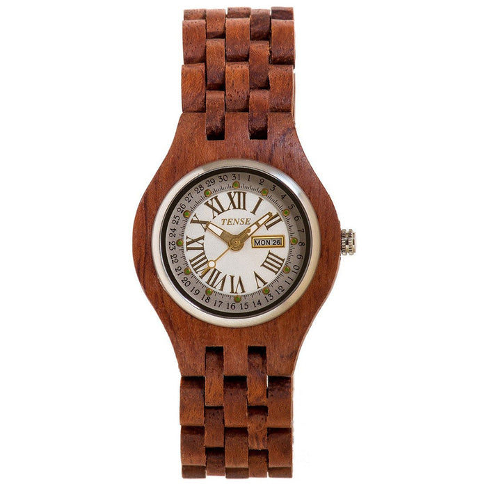 Tense Wood Carine Mens Wood Case and Bracelet White Dial African Rosewood Watch - B4600R
