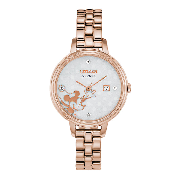 Citizen Eco-Drive Minnie Mouse Womens Rose Gold Stainless Steel Band White Quartz Dial Watch - EW2448-51W