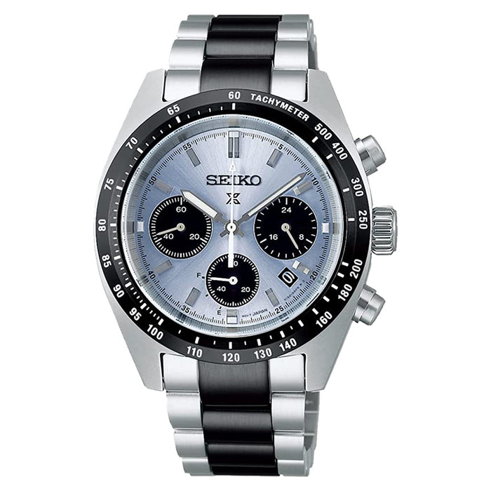 Seiko Men's Blue Dial Silver with Black Stainless Steel Band Prospex Chronograph Solar Quartz Watch - SSC909