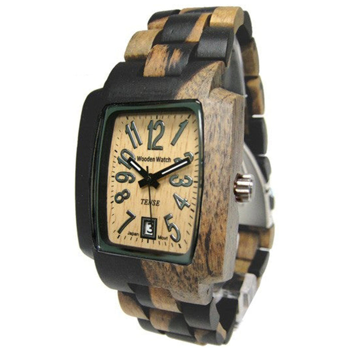Tense Wood Mens Rectangular Sandalwood Wood Watch - Two-tone Bracelet - Light Dial - J8102DM