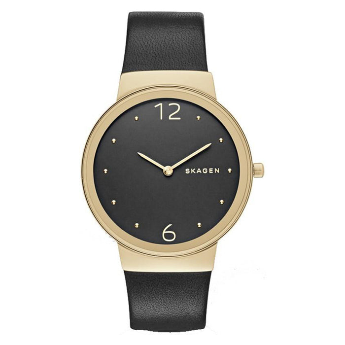 Skagen Womens Freja Stainless Steel Case and Black Leather Strap Black Dial Gold Watch - SKW2370