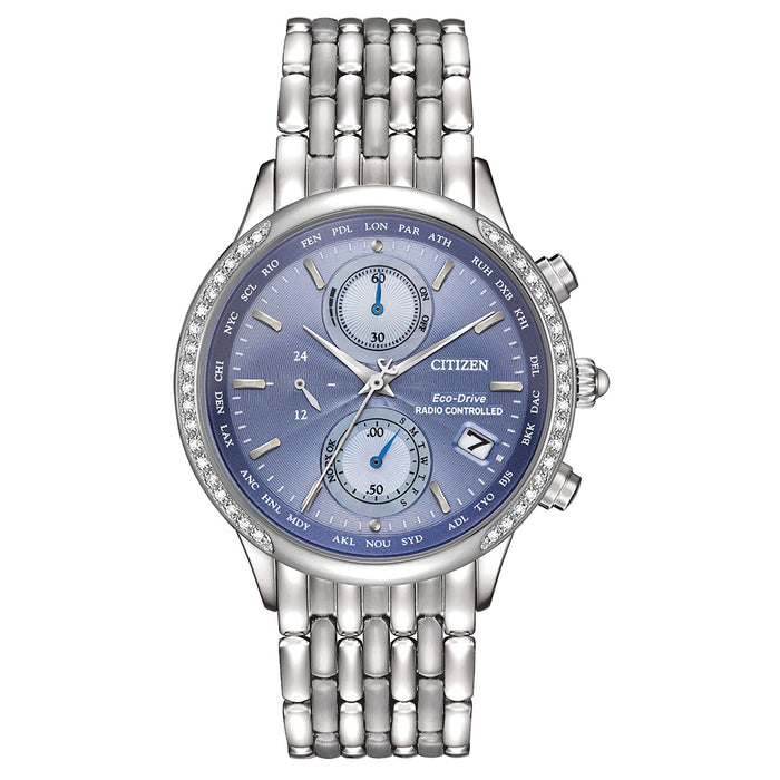 Citizen Eco-Drive Womens World Chronograph Stainless Steel Case and Bracelet Blue Dial Silver Watch - FC5000-51L