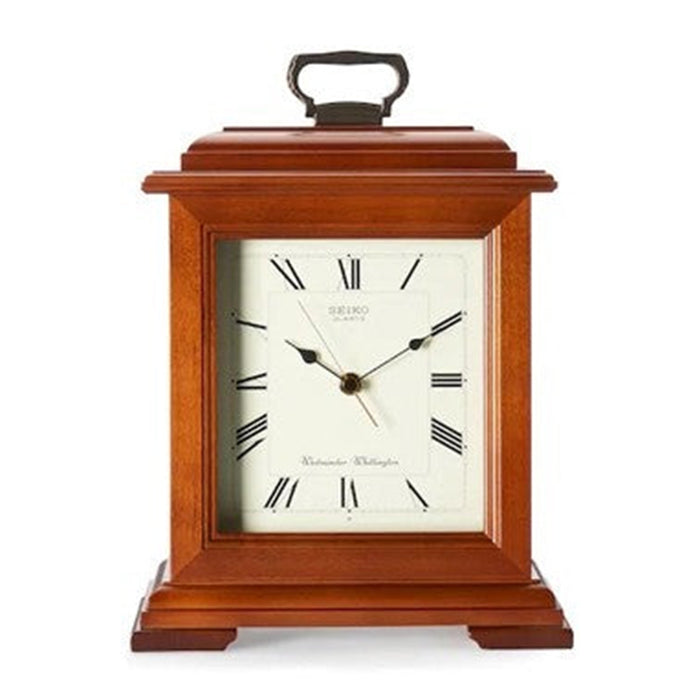 Seiko Carriage Chiming Wood Mantel Clock - Black Hands - White Dial - QXJ102BC