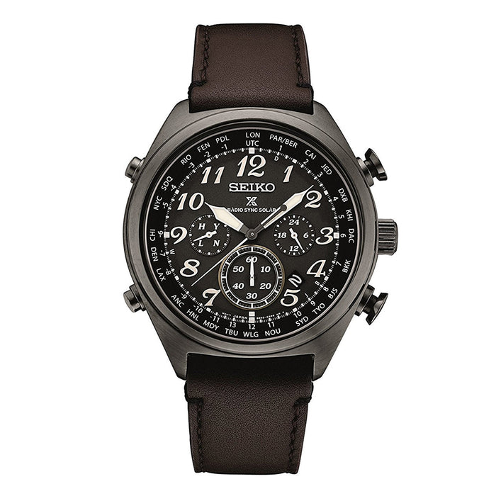 Seiko Prospex Solar Mens Black Ion Leather Band Black Quartz Dial Watch - SSG015