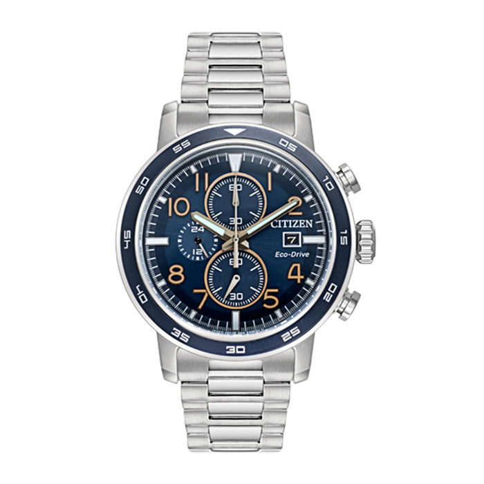 Citizen Eco-Drive Mens Silver Chronograph Stainless Steel Band Blue Sunray Quartz Dial Watch - CA0647-52L