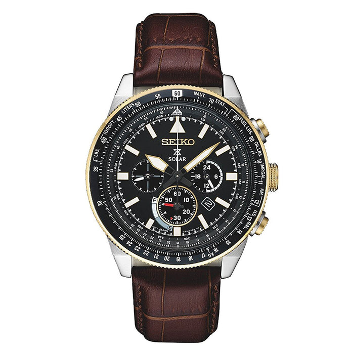 Seiko Prospex Pilot Solar Mens Brown Leather Band Black Quartz Dial Watch - SSC632