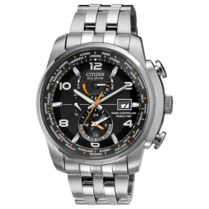 Citizen Men's Eco-Drive World Time A-T Stainless Watch - Steel Bracelet - Black Dial - AT9010-52E