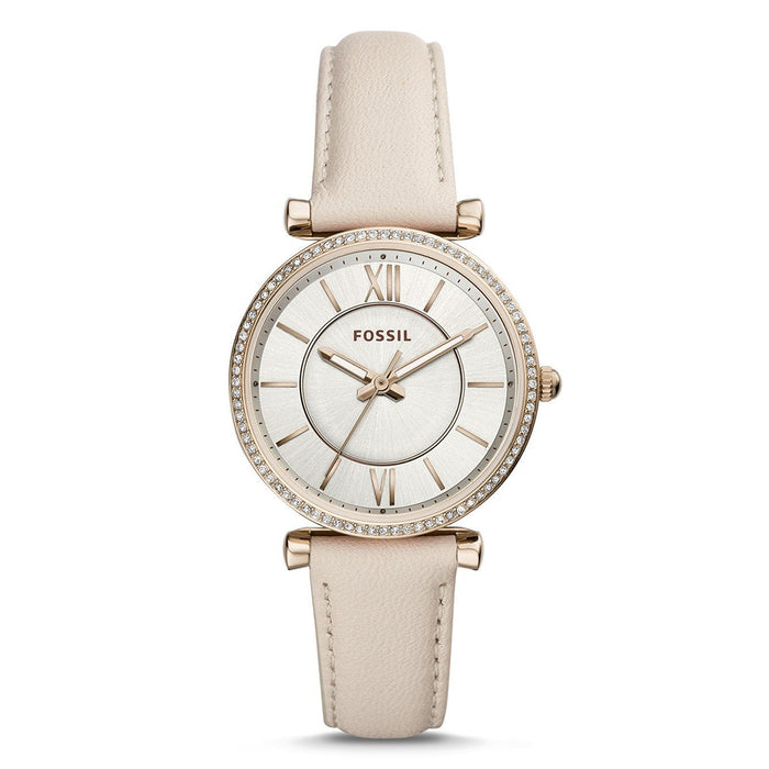 Fossil Carlie Womens Winter White Leather Band Silver Quartz Dial Watch - ES4465