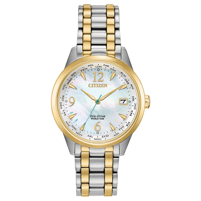 Citizen Women's Eco-Drive World Time Two-Tone Stainless Steel Bracelet White Mother-of-Pearl Dial Analog Watch - EW2554-54D