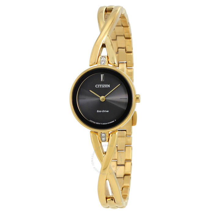 Citizen Womens Eco Drive Gold Stainless Steel Case Black Dial Round Analog Watch - EX1422-54E