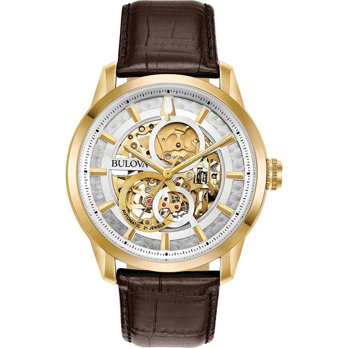 Bulova Mens Brown Leather Band Sutton Automatic Skeleton Dial Watch - 97A138