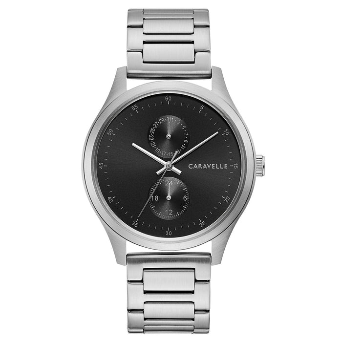 Caravelle Mens Silver Stainless Steel Band Black Quartz Dial Watch - 43C121