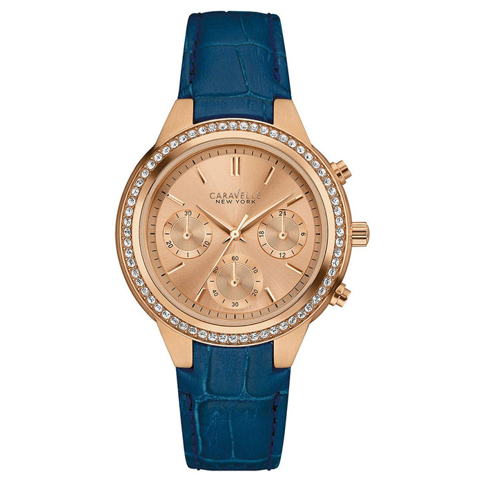 Caravelle New York Womens Chronograph Stainless Steel Case Blue Leather Strap Rose Gold Watch - 44L183