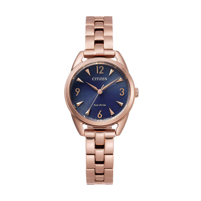 Citizen 11 Casual Eco Drive Women's Rose Gold Stainless Steel Strap Blue Quartz Dial Watch - EM0688-78L