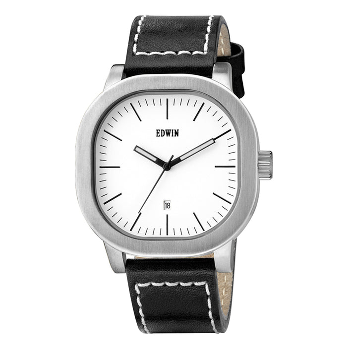 Edwin Mens White Dial Stainless Steel Case Quartz Leather Band Watch - EW1G016L0014