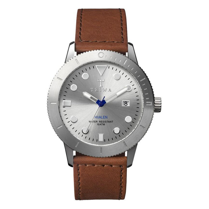 Triwa Mens Stainless Steel Case Brown Leather Strap Stirling Hvalen Analog Silver Dial Silver Watch - HVST102