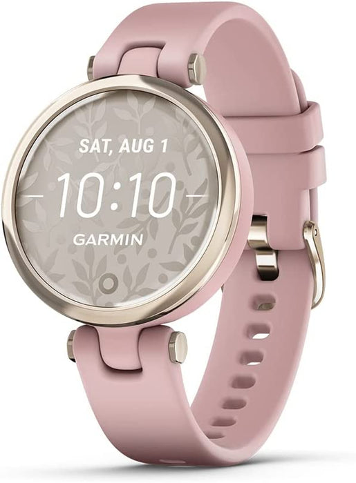 Garmin Lily Cream Gold and Dust Rose Silicone Band Bright Touchscreen Display and Patterned Lens Stylish Small Smartwatch - 010-02384-03