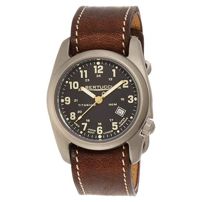 Bertucci Mens A-2T Original Analog Titanium Watch - Brown Leather Strap - Black Dial - 12712