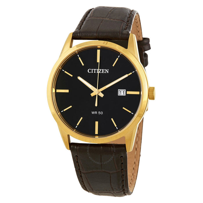 Citizen Quartz Mens Gold Stainless Steel Case Brown Leather Band Black Dial Round Watch - BI5002-06E