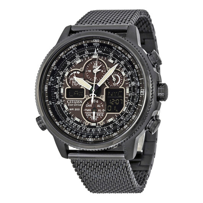 Citizen Eco-Drive Mens Stainless Steel Case Mesh Bracelet Black Dial Grey Watch - JY8037-50E