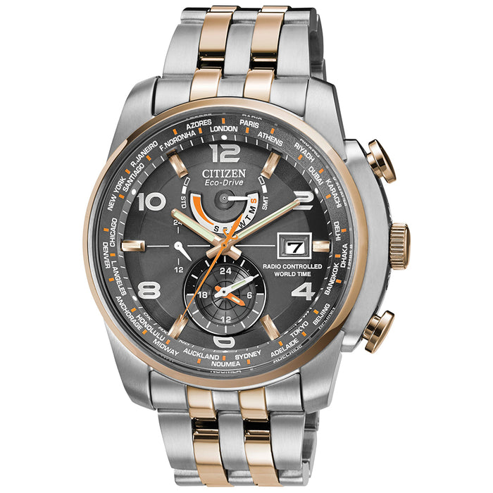 Citizen Men's Eco-Drive World Time A-T Stainless Watch - Two-tone Bracelet - Gray Dial - AT9016-56H