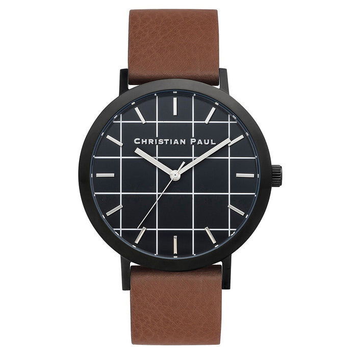 Christian Paul Unisex Stainless Steel Black Case Brown Leather Band Black Dial Analog Watch - GR-02