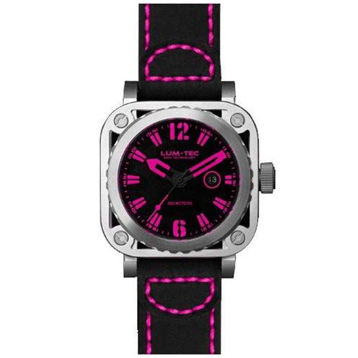 Lum-Tec Men's G10 Vintage Pink Accent Analog Stainless Watch - Black Leather Strap - Black Dial - LTG10